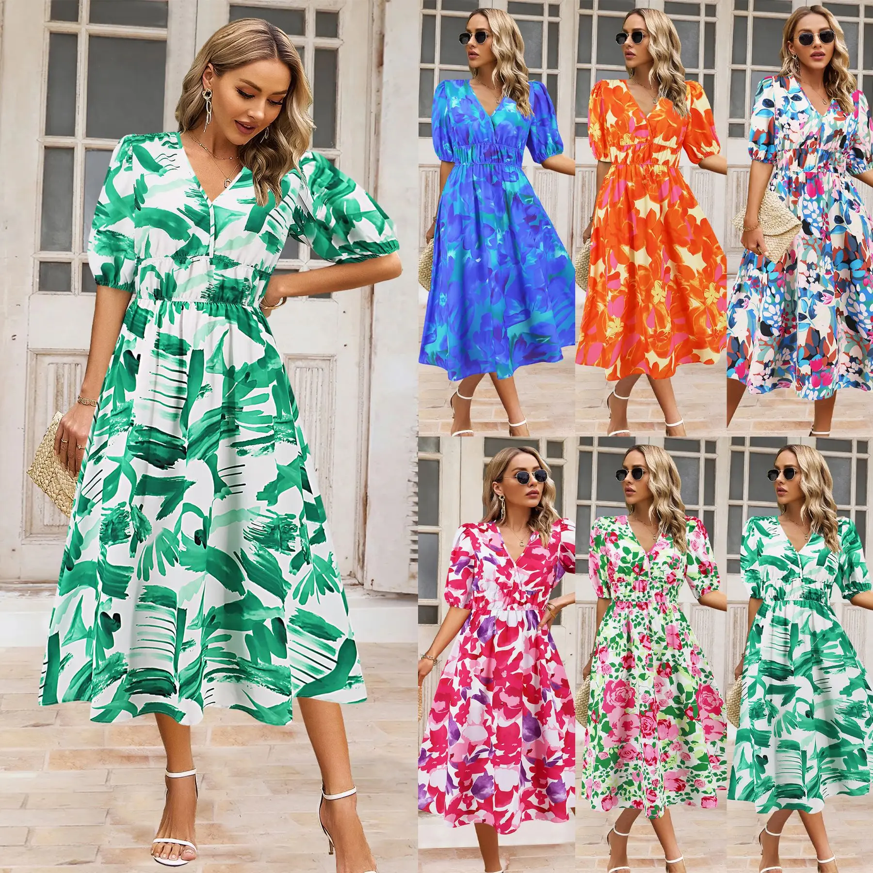 Dames Jurk V-Hals Print Korte Mouw Elastische Taille Losse A-Lijn Lange Jurk Boho Stijl Casual Mode Vakantie Strand Zomer