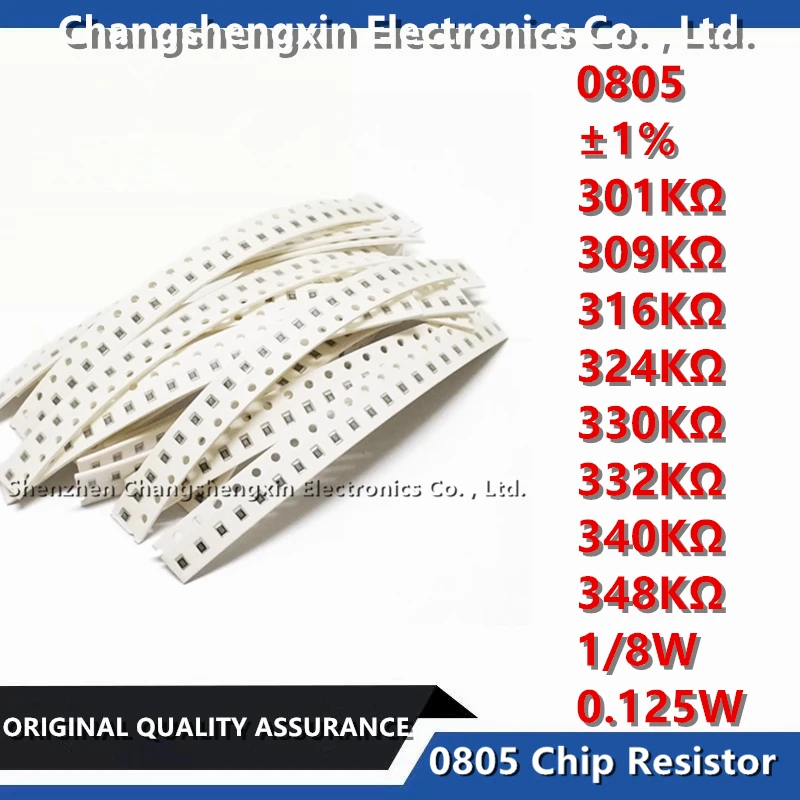 0805 SMT Chip Resistor, Tolerância, 1% ± Resistência, 301KΩ, 309KΩ, 316KΩ, 324KΩ, 330KΩ, 332KΩ, 340KΩ, 348KΩ, Ohms, 1 8W, 0,125 W, 100Pcs