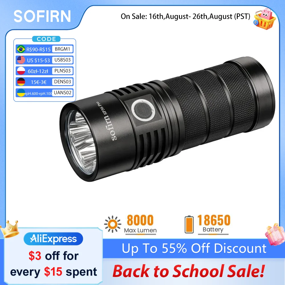 SOFIRN SP36 Pro Anduril 4*SST40 Powerful 8000LM LED Flashlight USB-C Rechargeable 18650 Torch Super Bright Lantern