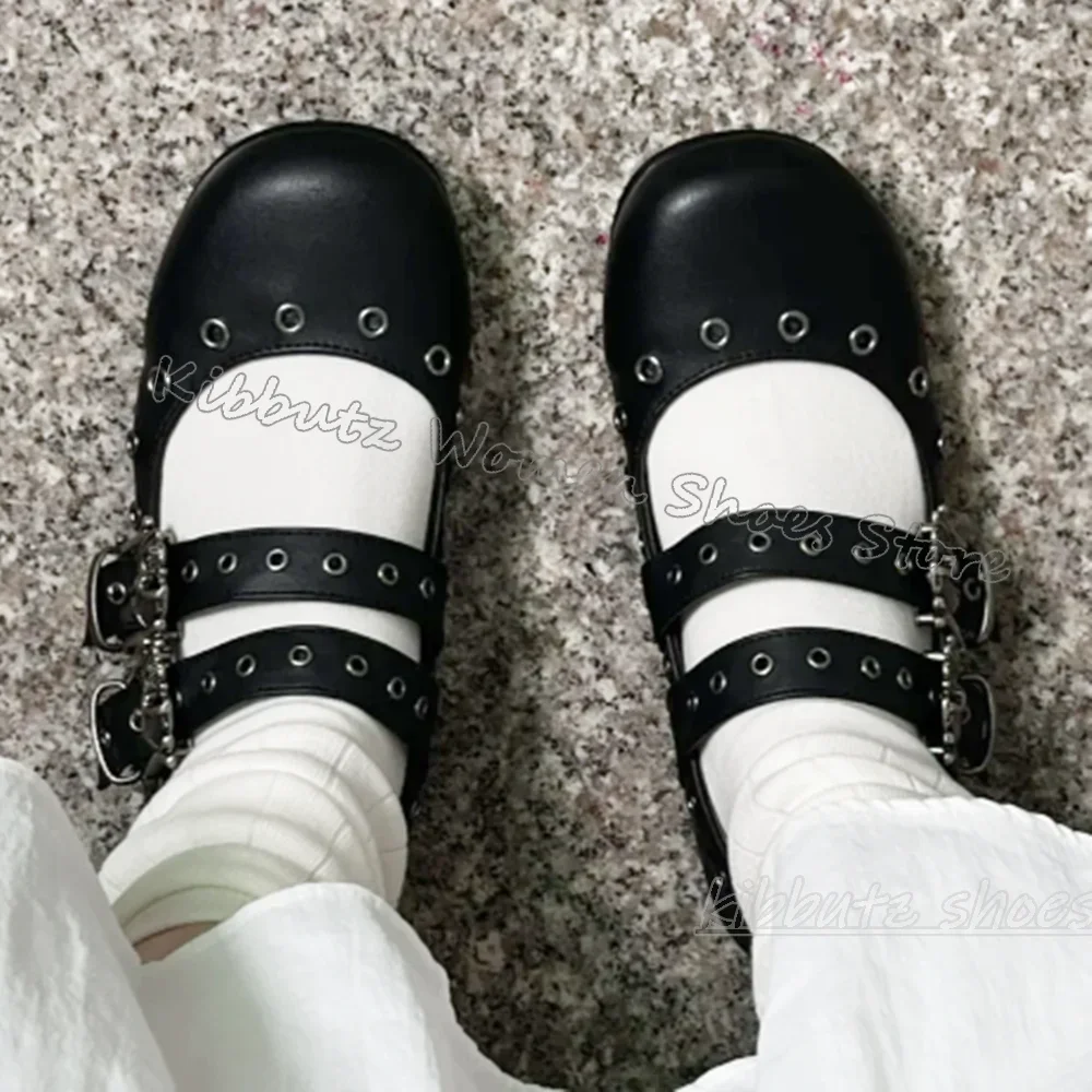 Gothic Ballet Pumps Punk Rock Belt Buckle Rivets Solid Color Slip-On Fashion Novelty Luxury Sexy Shoes Square Toe Flat with New view 6