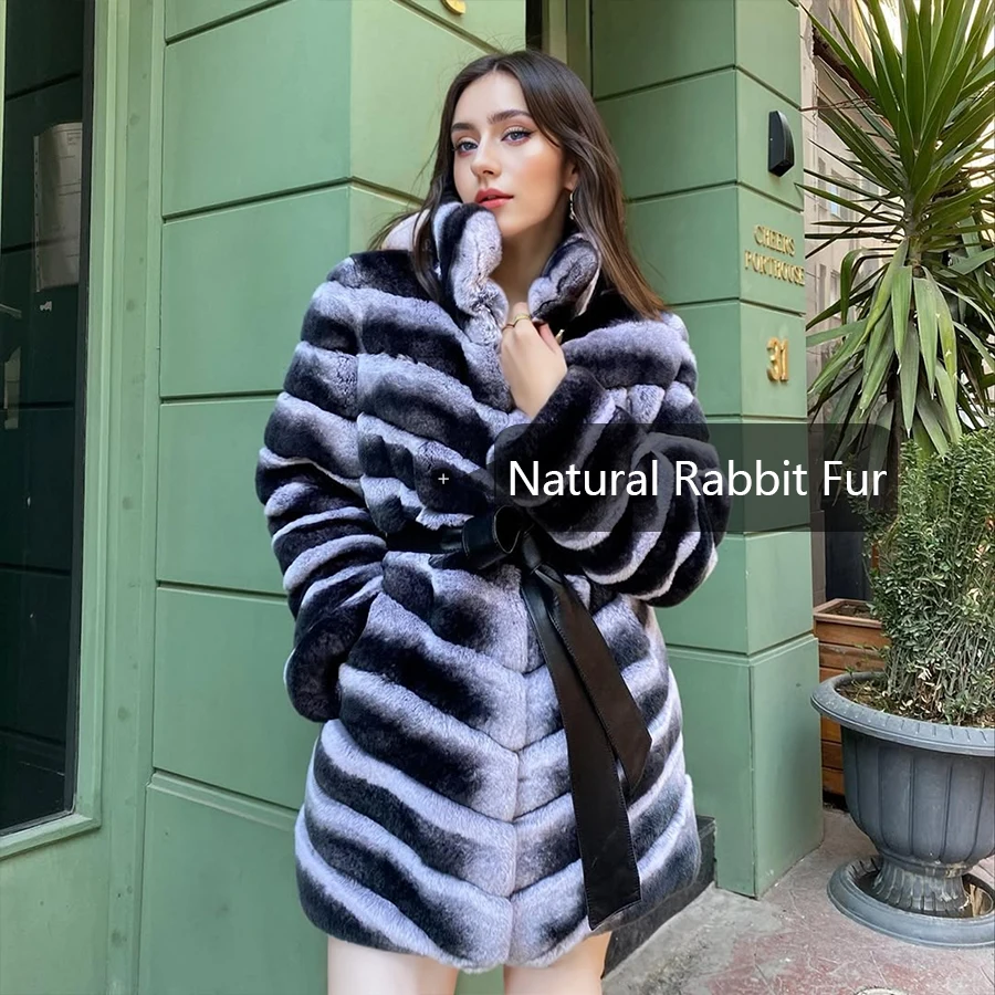 سترات على شكل أرنب طبيعي معطف فرو شينشيلا طويل الطراز للنساء من فرو الأرنب الحقيقي سترة جلدية أصلية عالية الجودة