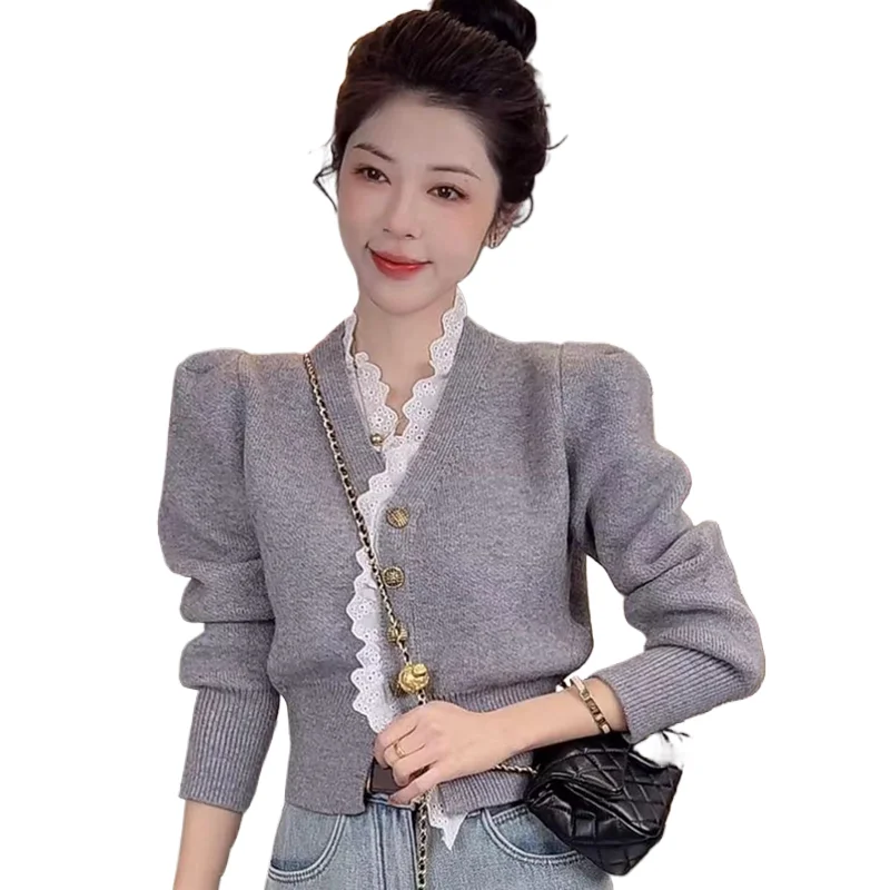 

V-neck Spliced Lace Sweater French Elegant Single Breasted Long Sleeved Top Women's Autumn Winter New Short Knitted Cardigan