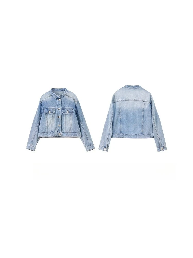 SENTUBILA Cotton Denim Jacket Women's 2025 Autumn Stand-collar Loose Long-sleeve Short Jacket Dropped-shoulder Tops W53WD3020