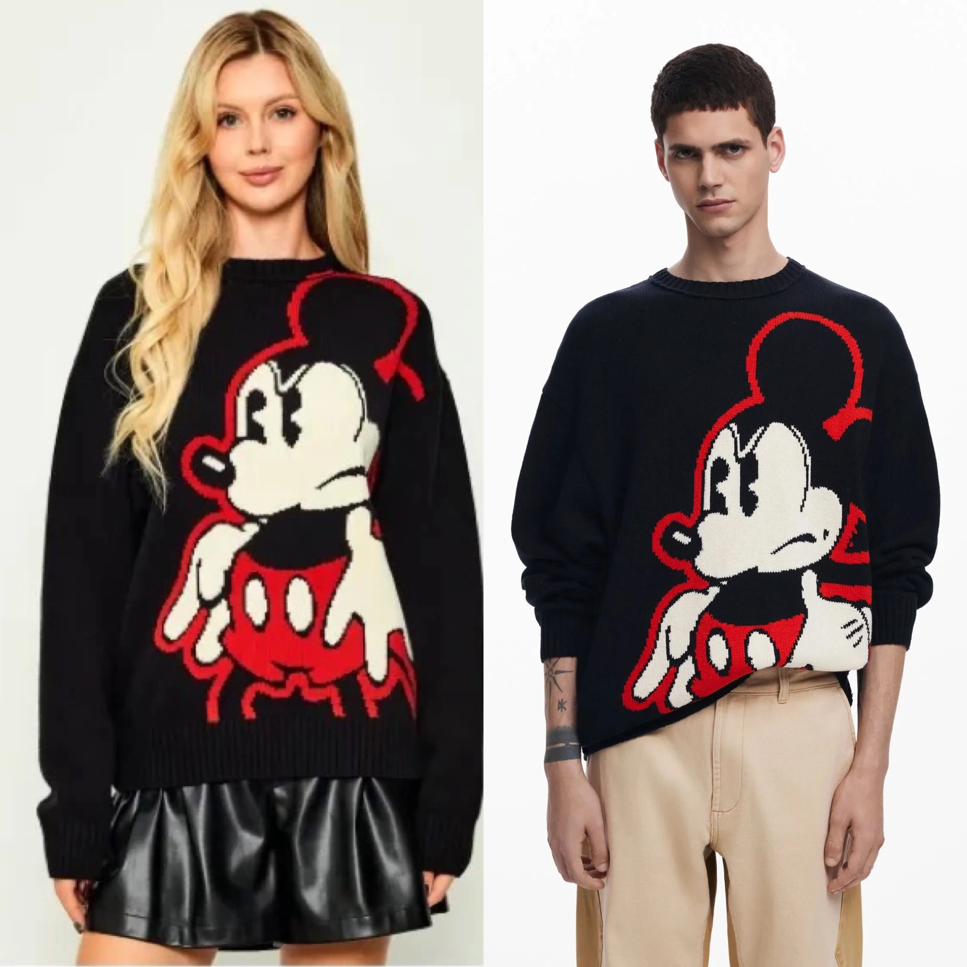 

European, American, Spanish original cartoon Mickey woven flower embroidered loose knit sweater for both men and women