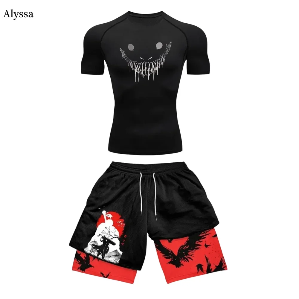 Anime Berserk Guts Men\'s Compression Suit Sports Fitness Quick Drying Suit Tight Short Sleeved Anime Double Layer Shorts Summer