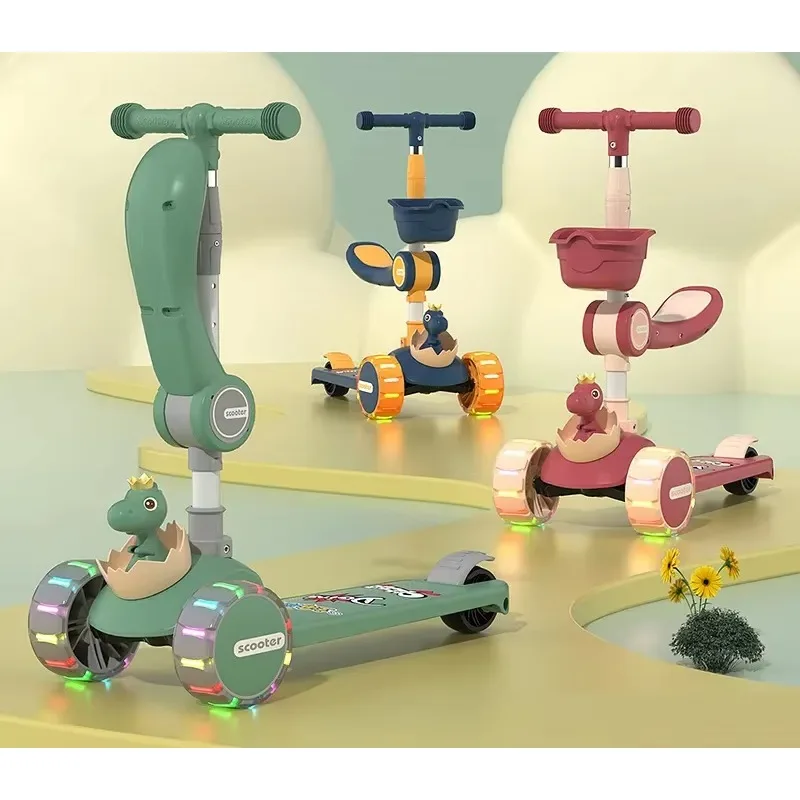 Children's three-wheeled plastic scooter with light and music foldable design