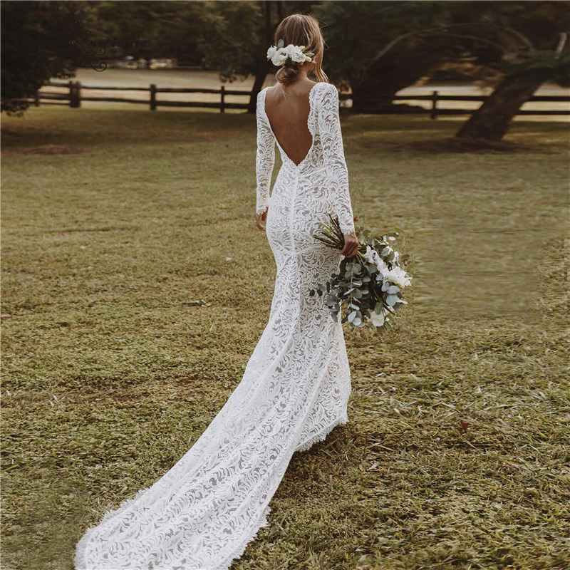 Backless Mermaid Wedding Dresses Boho 2024 Long Sleeve Lace Rustic Bridal Dress Elegant Civil Bride Gowns Customized