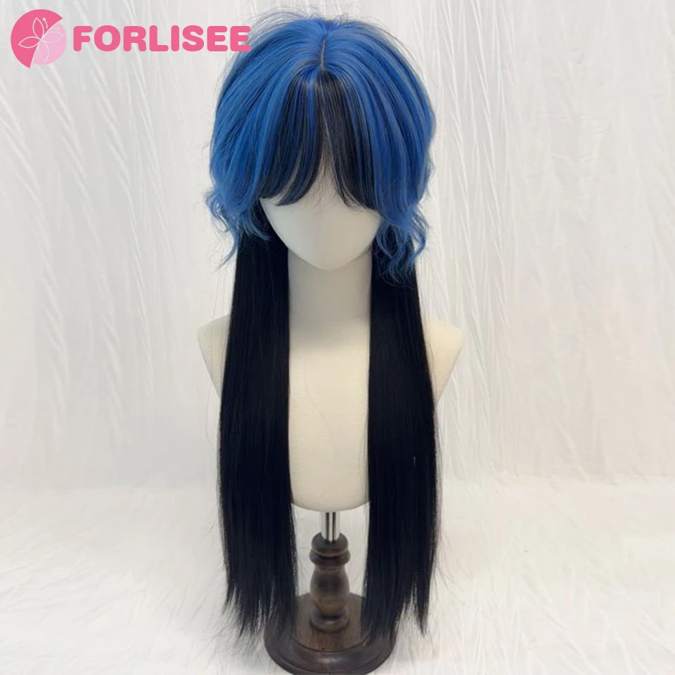 Synthetic Blue Highlights Jellyfish Mullet Head Long Straight Men And Women Universal Cos Half-tied Wolf Tail Warrior Head Wig