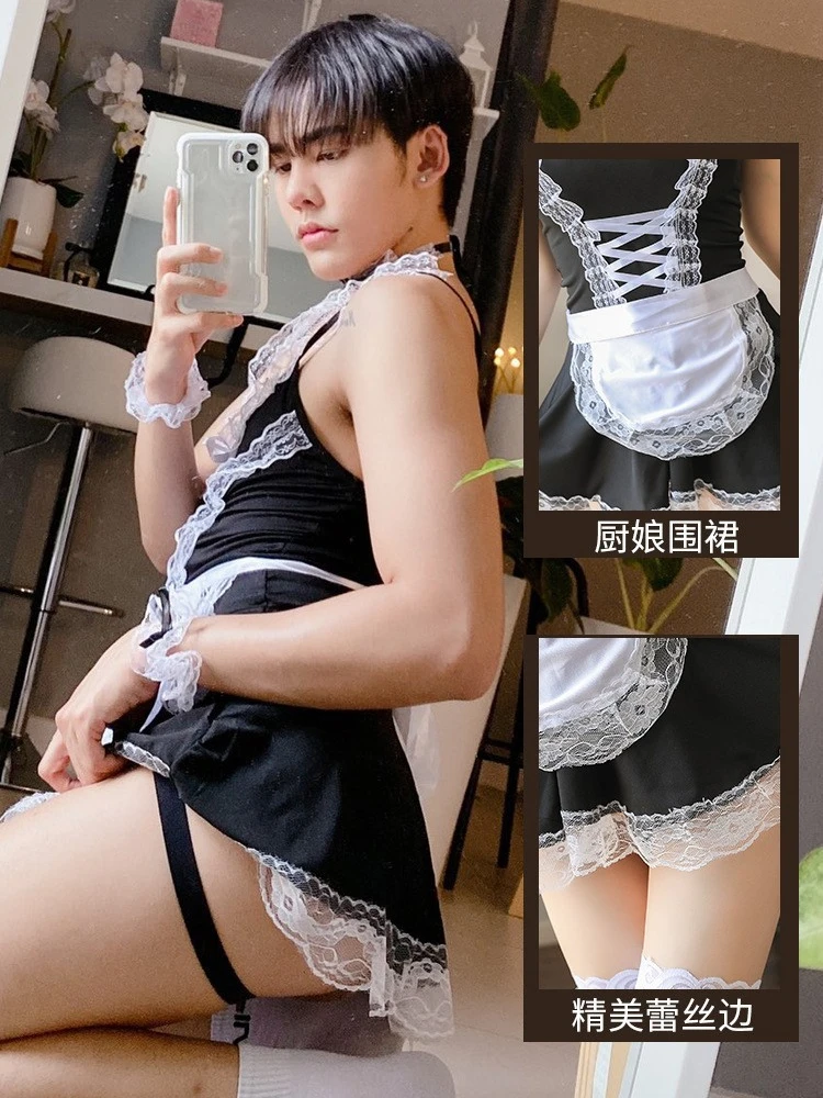 Male Plus Size Maid Cosplay Live Action Sex Lingerie Maid Lace Apron Pseudo Costume Gay Sissy Lingerie Uniform Housekeep Dress