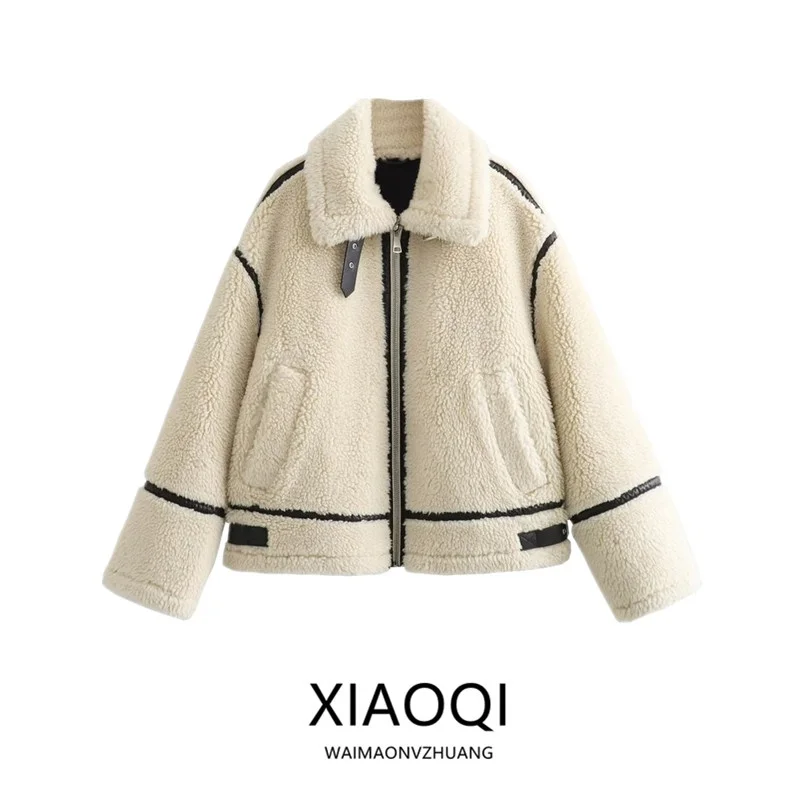 

Новая женская модная куртка-косуха на флисовой подкладке с воротником, универсальная верхняя одежда свободного кроя, осень-зима 2024