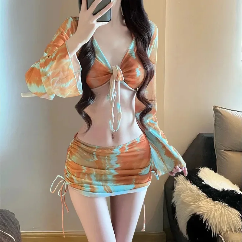 

Women's 2 Piece Tie Dye Outfit Bell Sleeve Sheer Crop Top and Ruched Mini Skirt Set Backless Tie Beach Party Dress