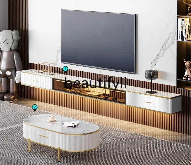 GG Wall-Mounted Light Luxury Floating Living Room Small Apartment Coffee Table Set Solid Wood Storage Cabinet