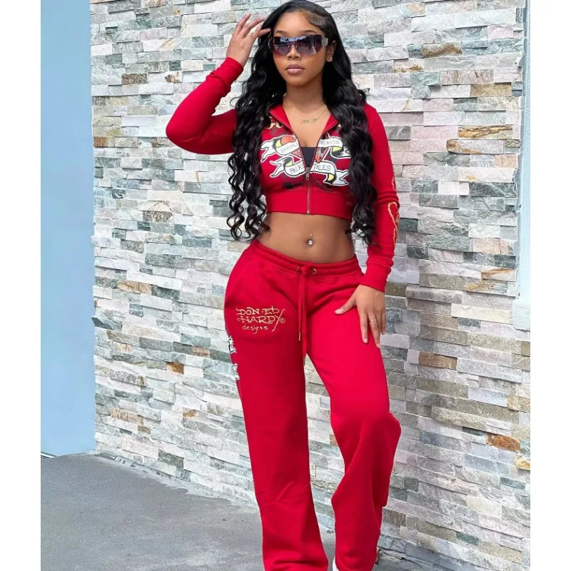 

Fitness Women 2 Piece Set Zipper Fly Hooded Crop Jacket Casual Jogging Pants Matching Set 2023 Fall Winter Workout Tracksuits