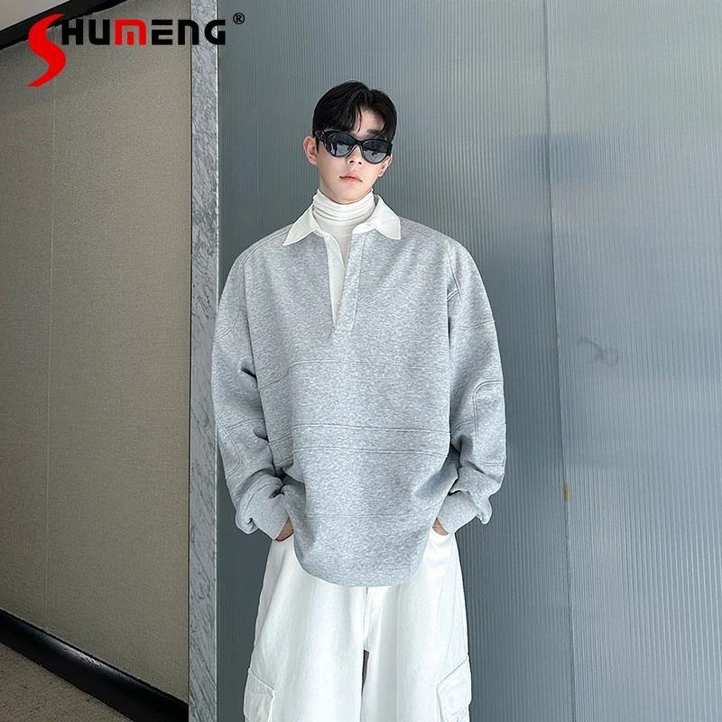 

Men's 2025 Autumn Winter New Lapel Pullover Thickened Warm Sweatshirts Contrast Color Polo Collar Loose Comfort Splicing Jacket