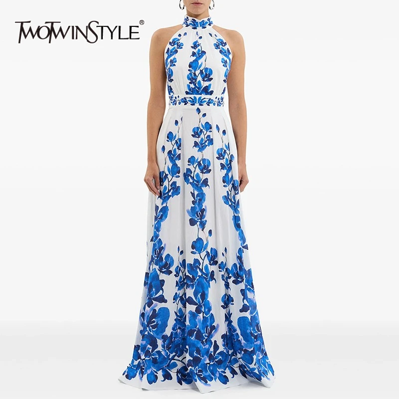 

TWOTWINSTYLE Hit Color Printing Casual Long Dresses for Women Halter Sleeveless Tunic Spliced Folds Elegant Dress Female Fashion