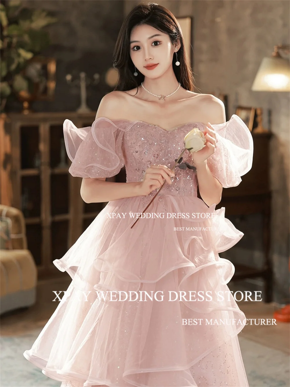 XPAY Sweetheart Blush Pink Korea Evening Dresses Ruffles Tiered Sparkly Formal Prom Gown Photo Shoot Lace Wedding Party Dress