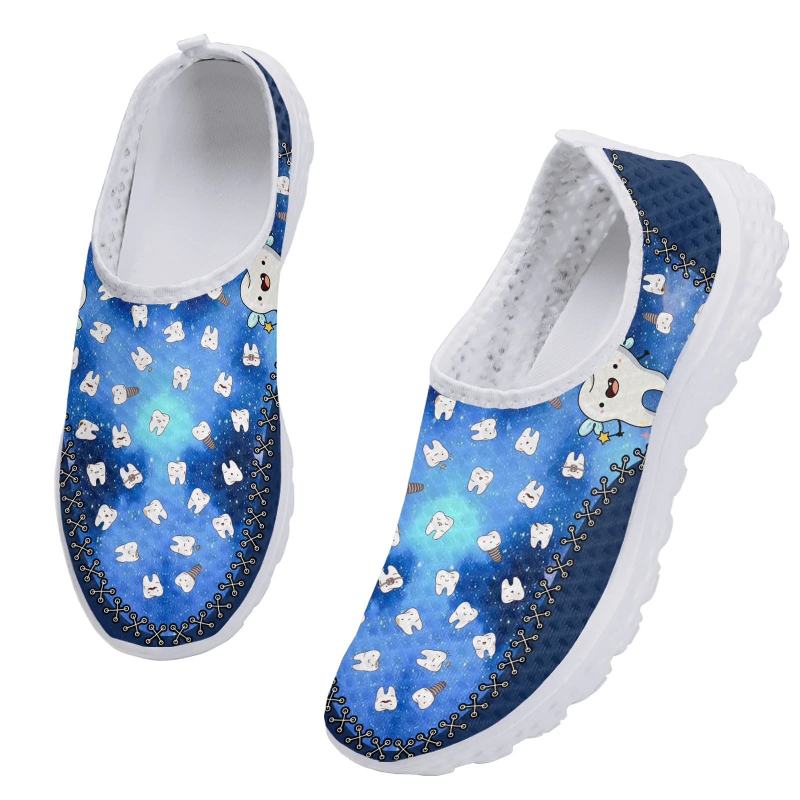 INSTANTARTS Blue Star Cartoon Teeth Design Lightweight Breathable Mesh Shoes Soft Comfortable Apartment Shoes Walking Shoes