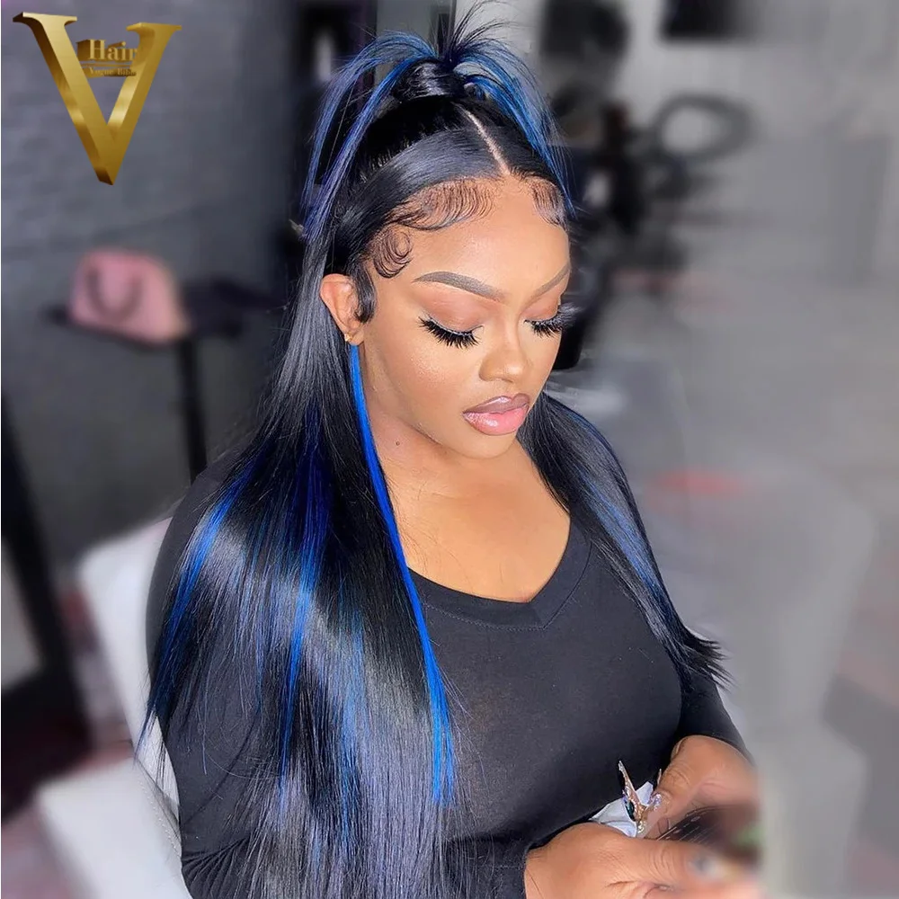 13×4  4×4 Straight Highlight Black With Blue Wig For Women Brazilian Virgin Human Hair Wigs 13×6 HD Transparent Lace Front Wig