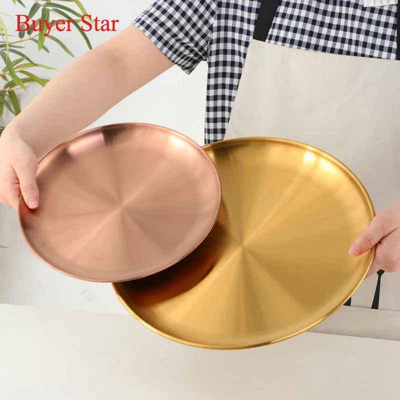 Stainless Steel Dinner Plates European Style Dessert Plate Kitchen Serving Dishes Salad Plate Cake Tray Western Steak Round Tray