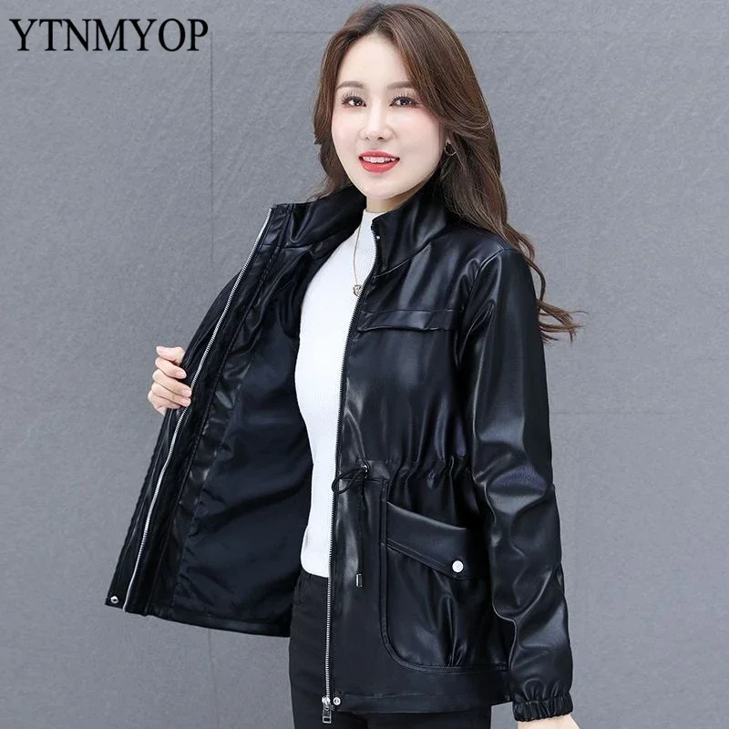 

Fashion Jackets Women Slim Drawstring Autumn Coats Leather Female S-4XL Leather Clothing Jaqueta Feminina YTNMYOP