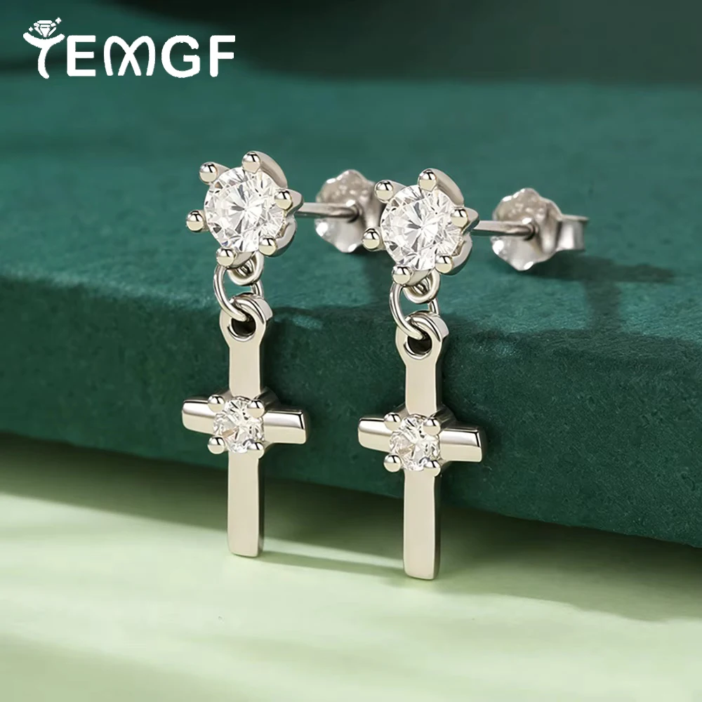 

TEMGF Zircon/Moissanite Earrings for Women S925 Sterling Silver Cross Pendant Lab Diamond Ear Fine Jewelry Sparkling Dainty