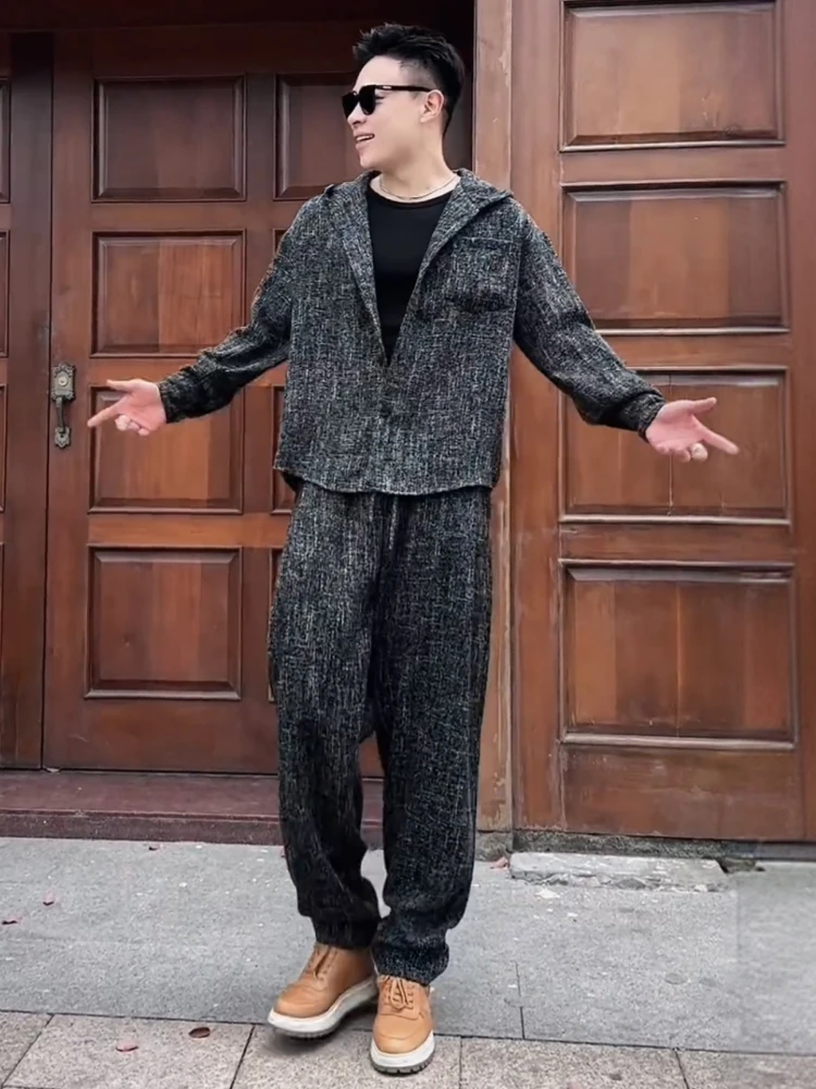 

Мужской модный спортивный костюм с худи: дышащий, свободный крой, для активного отдыха, весна-осень, комплект из двух предметов, смесовая хлопковая ткань