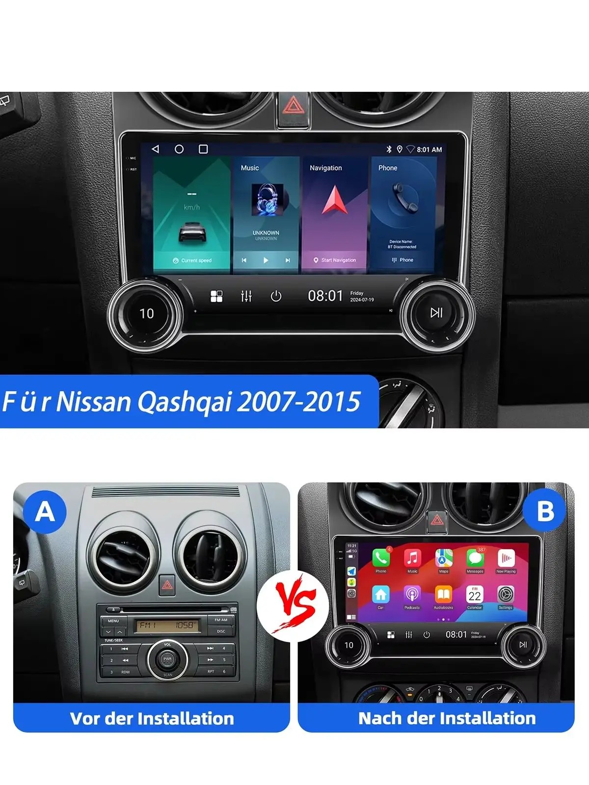 ESSGOO Android 15 10.1" 64G Autoradio für Nissan Qashqai J10 JJ10E NJ10 2007-2013 Wireless Carplay Android Auto GPS Navigation WIFI FM Bluetooth RDS Lenkradsteuerung ASP Mirror Link IPS Touchscreen