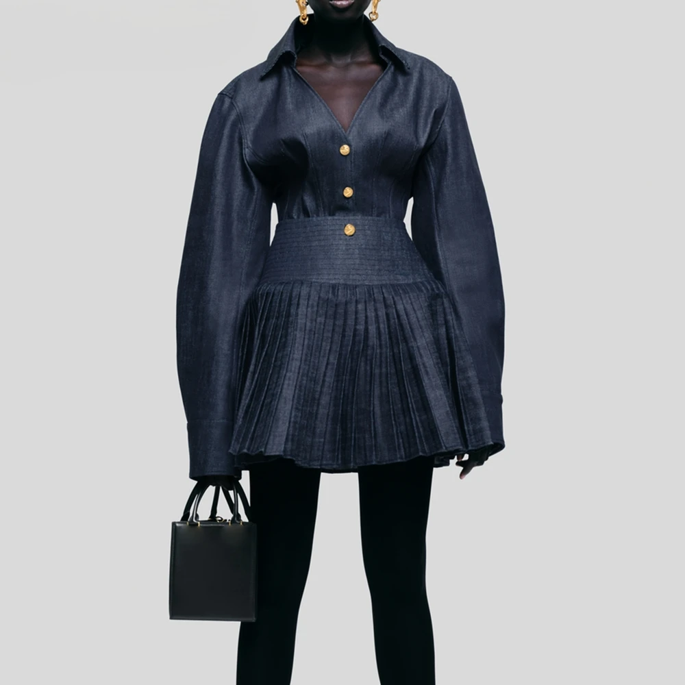 

Elegant Two Piece Sets for Women V Neck Long Sleeve Spliced Single Breasted Top High Waist Pleated Skirt Set Female