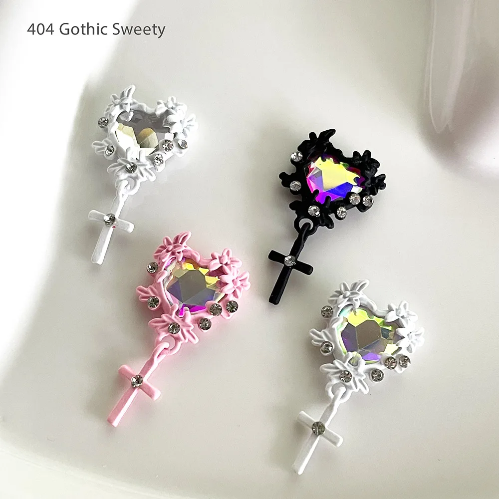 

-Gothic Sweety- Chic Nail Adorn Embellishments Jewelry AB Hearts Gems Dangle Cross Charms Alloy Nubuck Metallic Glamours 404art