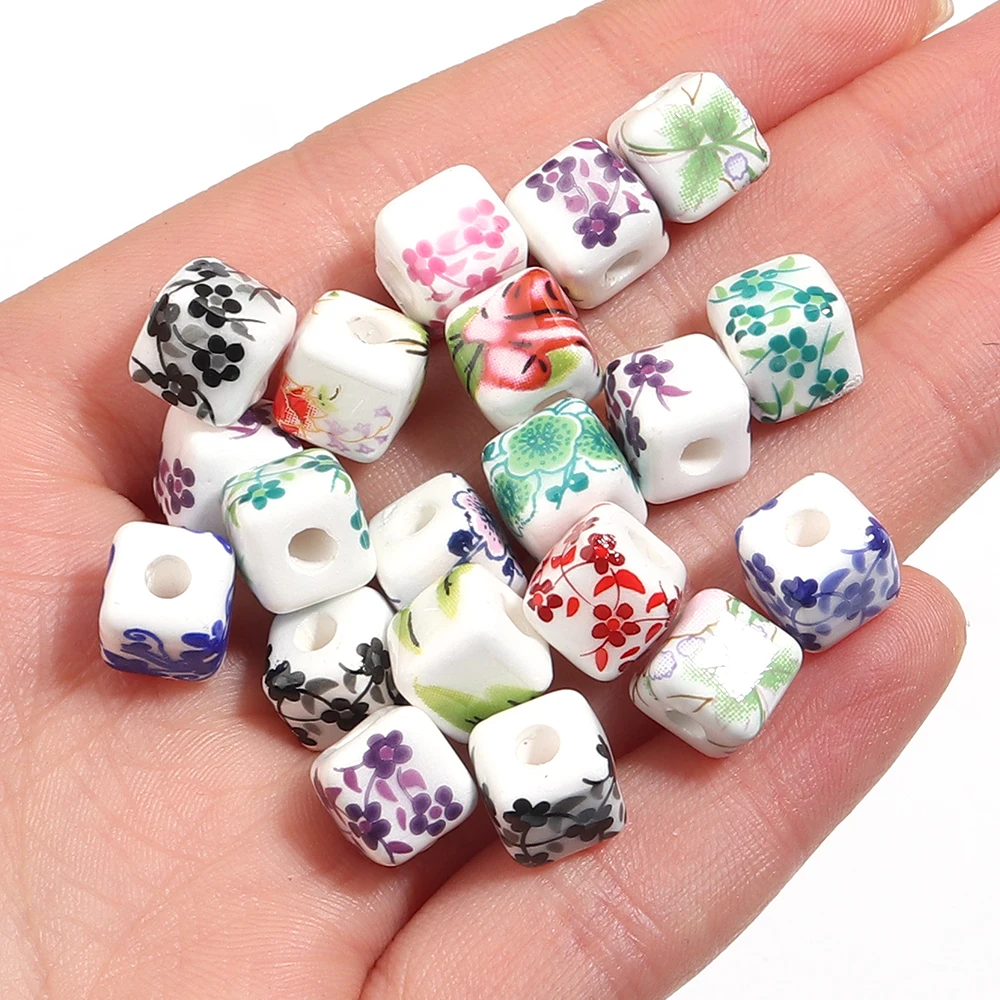 20 Stück 8 mm quadratische Keramikperlen mit Blumenmuster, große Lochperlen aus Porzellan, lose Abstandsperlen für die Schmuckherstellung, Armband, Halskette