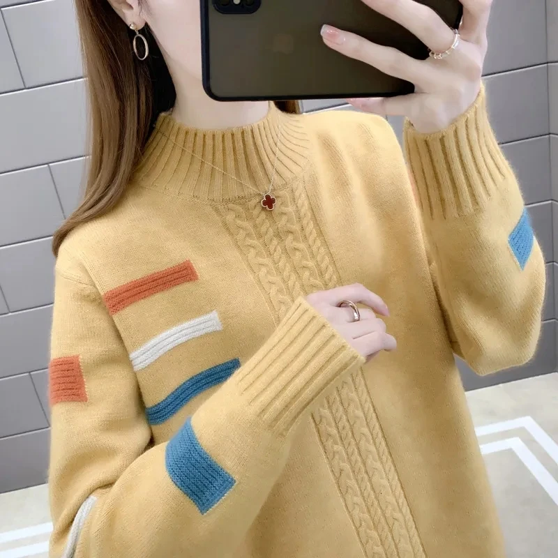 Autumn Winter Women Sweater Pullovers 2023 New Patchwork Half High Collar Knitted Sweater Jumper Casual Female Bottoming Tops