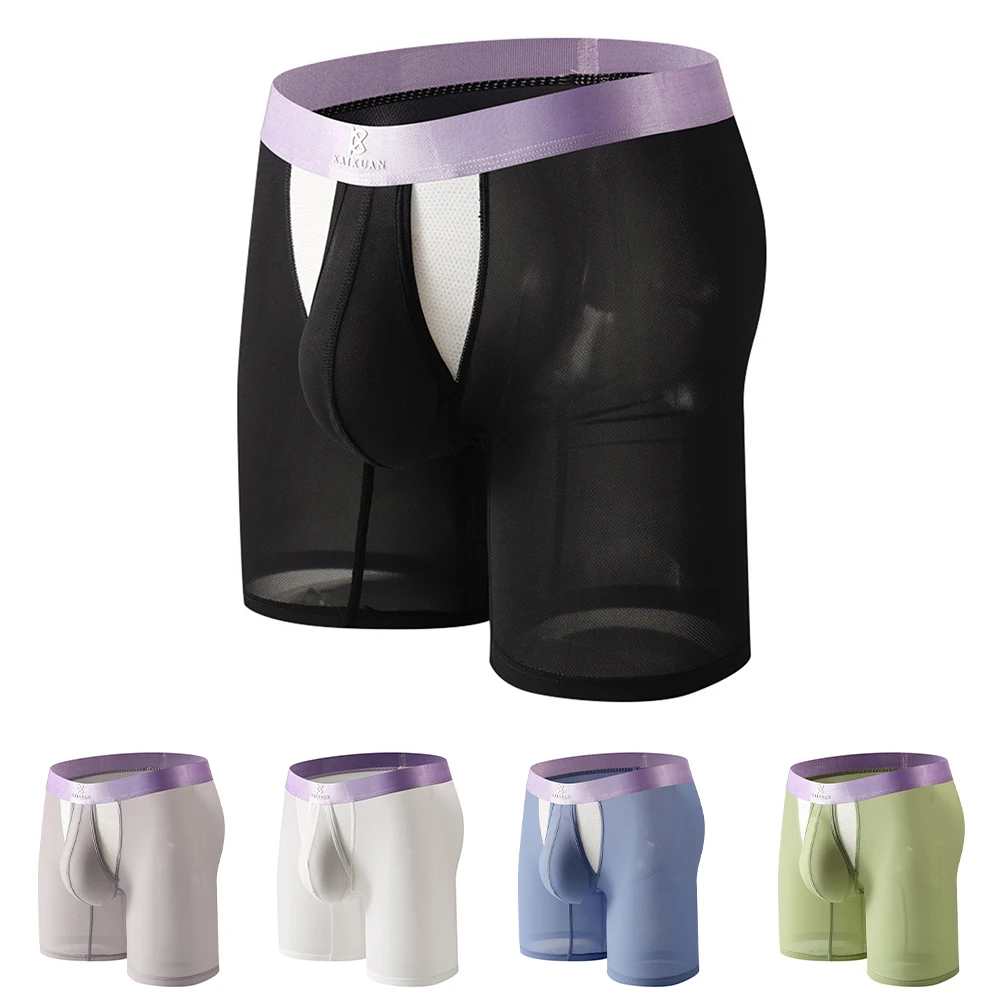 

Men's Ice Silk Boxers Underwear Long Leg Shorts Sports Mesh Separate Pouch Trunks See Through Seamless Underwear Boxer Short