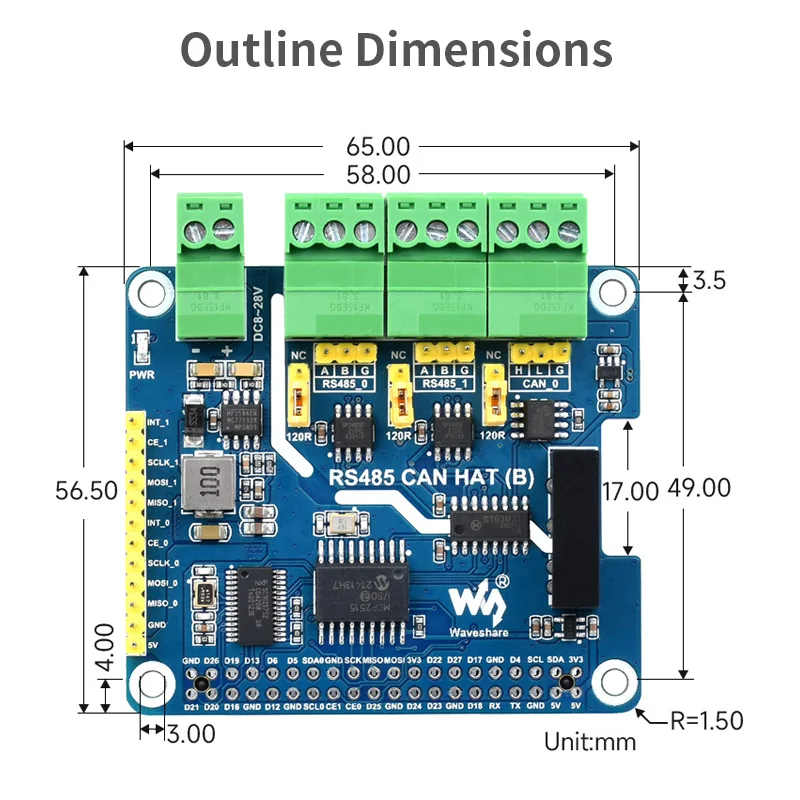 Raspberry Pi RS485 CAN HAT (B) 2-Ch RS485 1-Ch CAN Industrial Grade Isolation Protection for Raspberry Pi