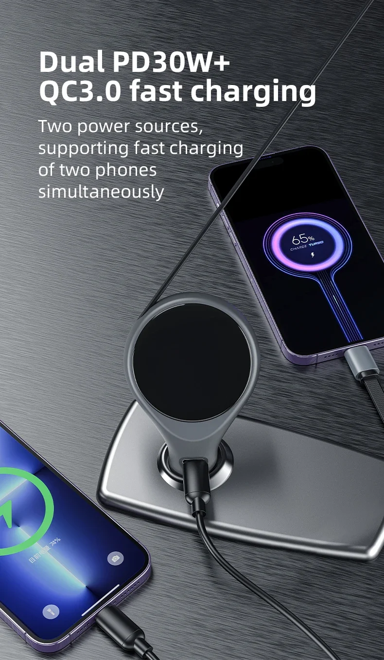 

Dual PD 60W Car Charger PD3.0 12-24V Cigarette Lighter Fast Charging Phone Adapter for Truck/SUV/RV Fast Charging USB C Cable