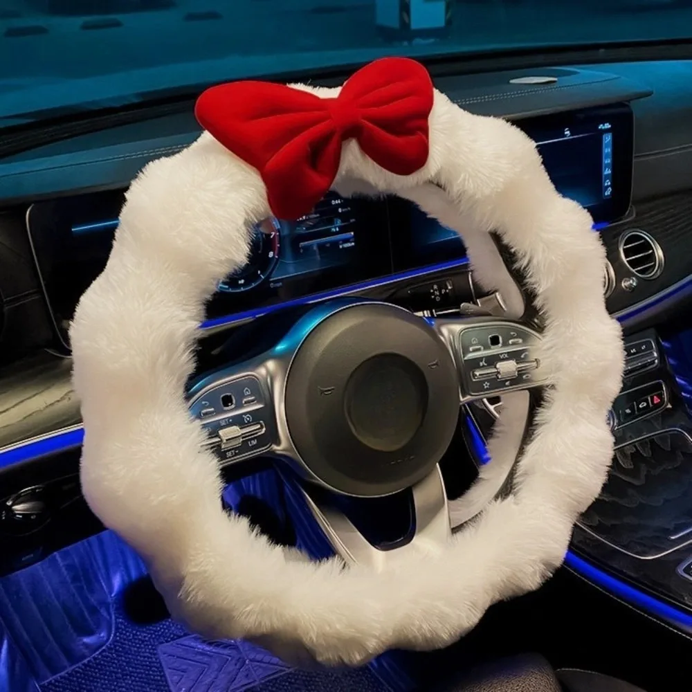 

Fluffy Steering Wheel Cover Bow Design Anti Slip Steer Wheel Protector Soft Plush Wave Shape Steering Cover Girls Car Decoration