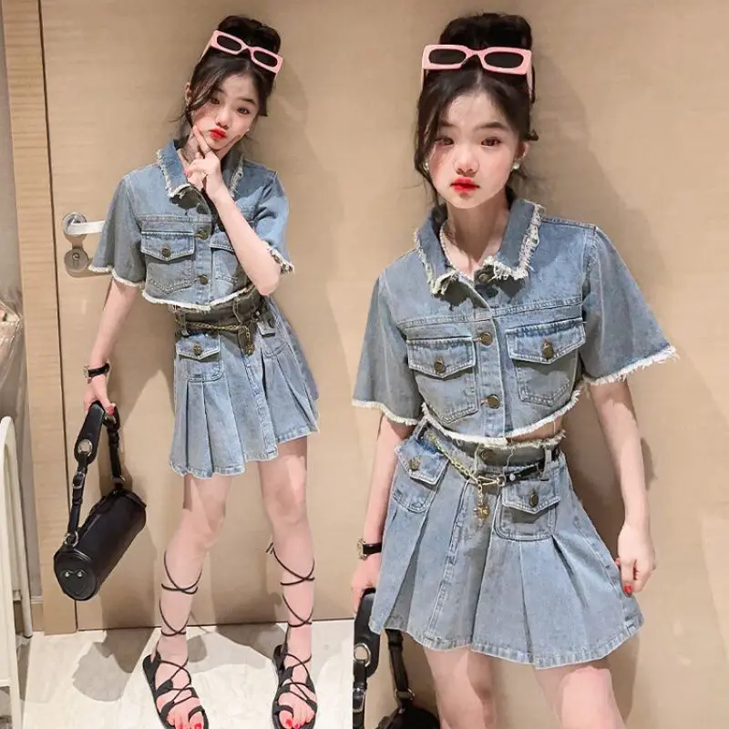 Girls Casual Denim Clothes Suit Summer Teenage Off-The-Shoulder Top+Skirt 2PCS Outfits 4 6 8 10 12 14 Years Costume for Children