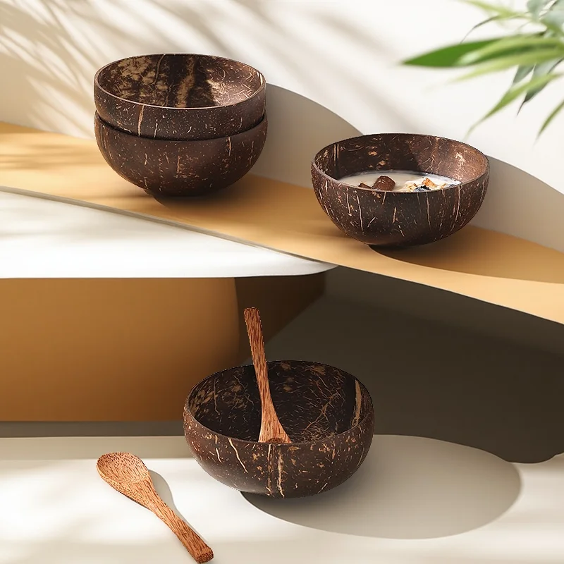 1/5PCS Coconut Bowl Wooden Spoon Set Smoothie Kitchen Tableware Dessert Fruit Salad Mixing Rice Ramen Natural Coconut Bowls