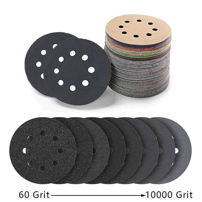 

5 Inch 8-Hole Hook and Loop Wet/Dry Sandpaper 60-10000 Grit Silicon Carbide Orbital Sandpaper For Wood Car Metal Abrasive Tools