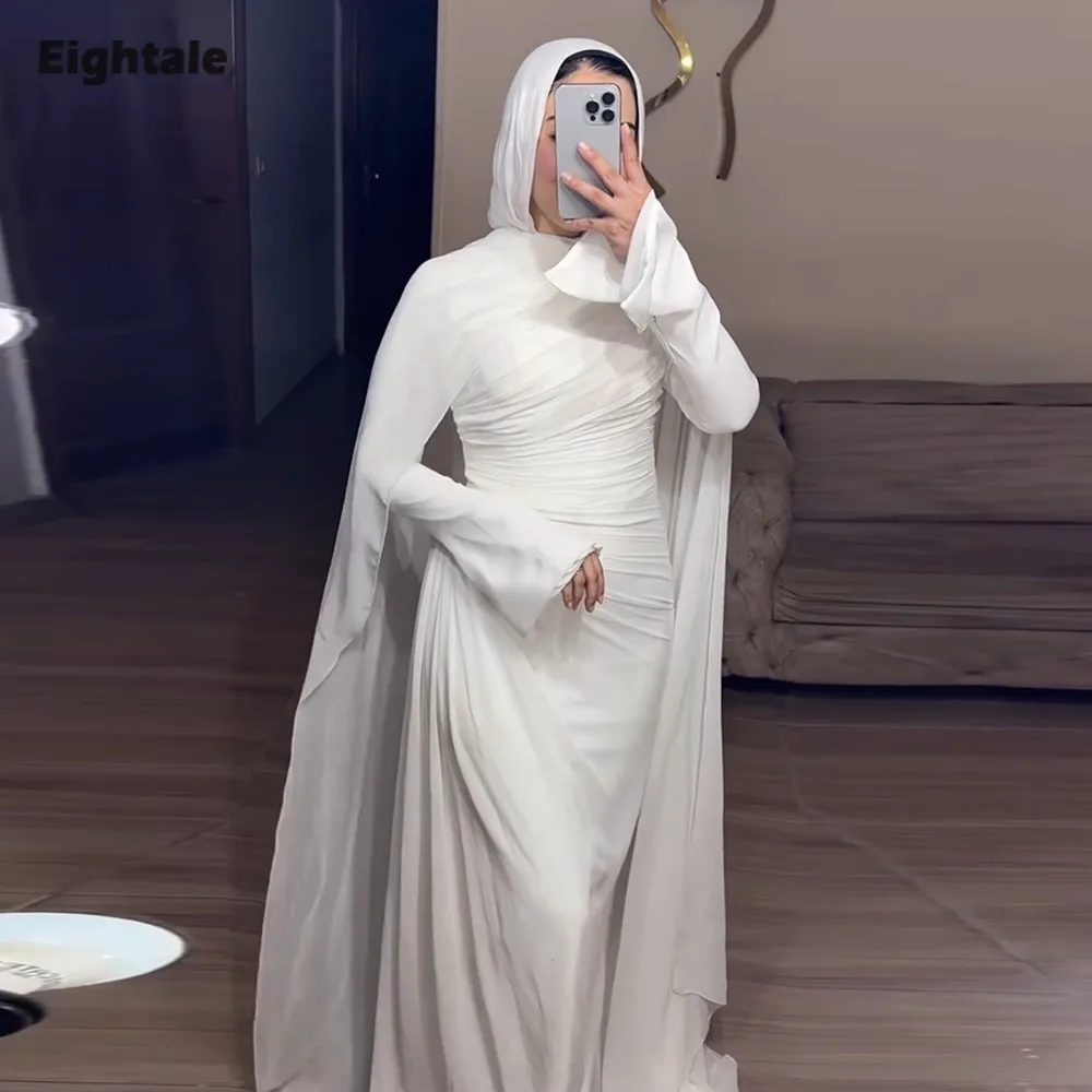 

Eightale Arabic Wedding Dresses Customized O-Neck Pleats Mermaid Long Sleeve Ivory Satin Bridal Gown Vestidos De Novia