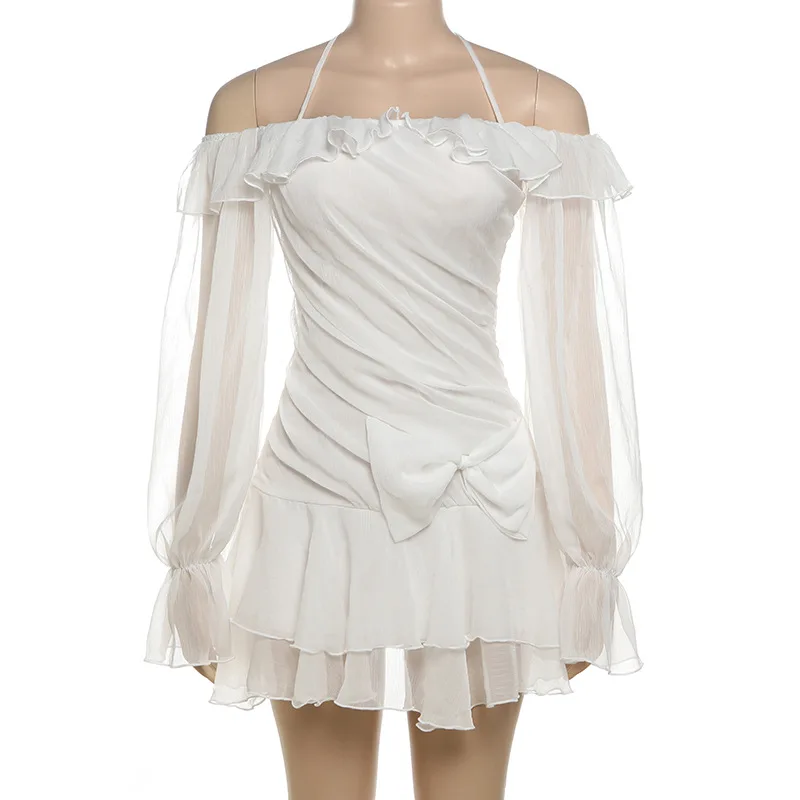 Sexy Witte Korte Mini Avondjurk Volledige Mouwen Halter Hals Casual A Line Prom Party Jurk Ruches Zoom Robe De Mariée