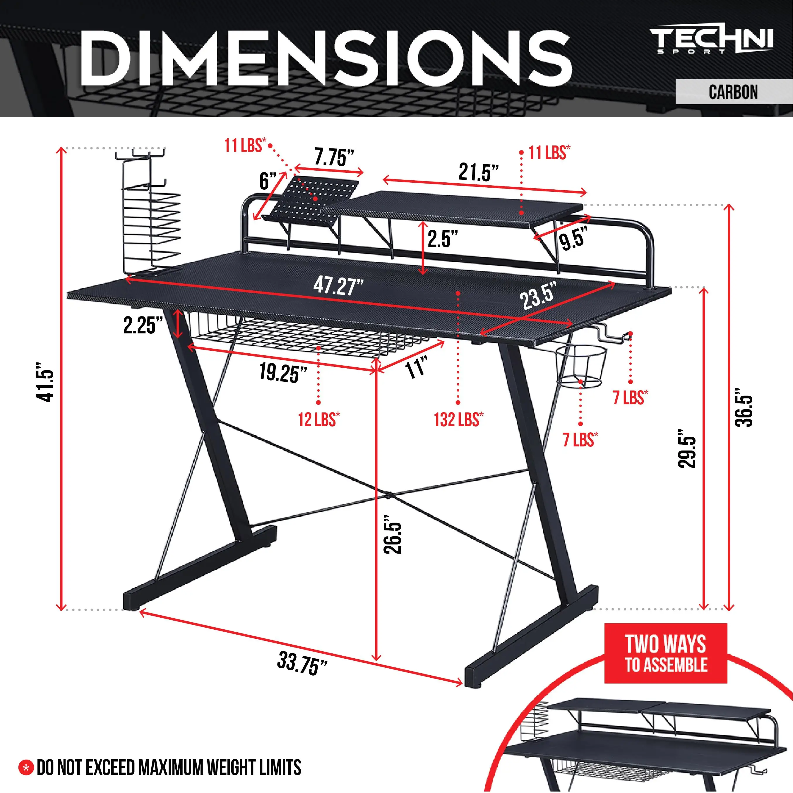 Modern Black Carbon Gaming Desk with Shelving for PC Setup