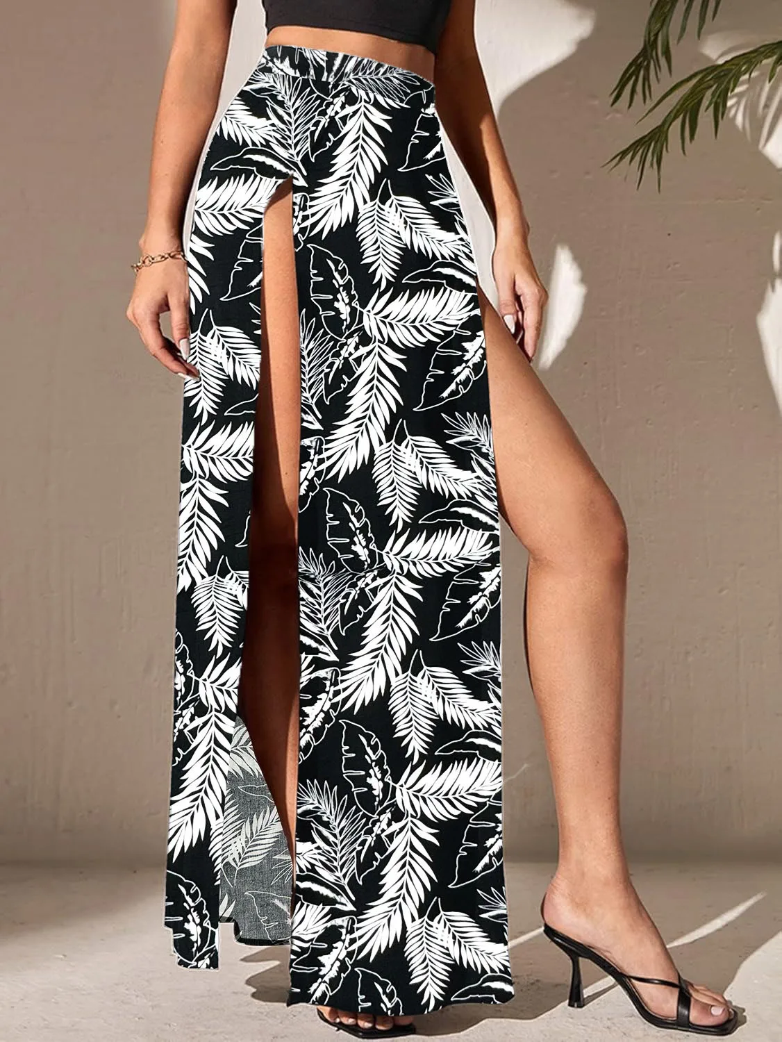 Damenrock mit Blumenblattmuster |   Schlanker, sexy Blumenrock mit langem Schlitz |   Dating-Partyrock |   Lässiger langer Sommerrock für Damen