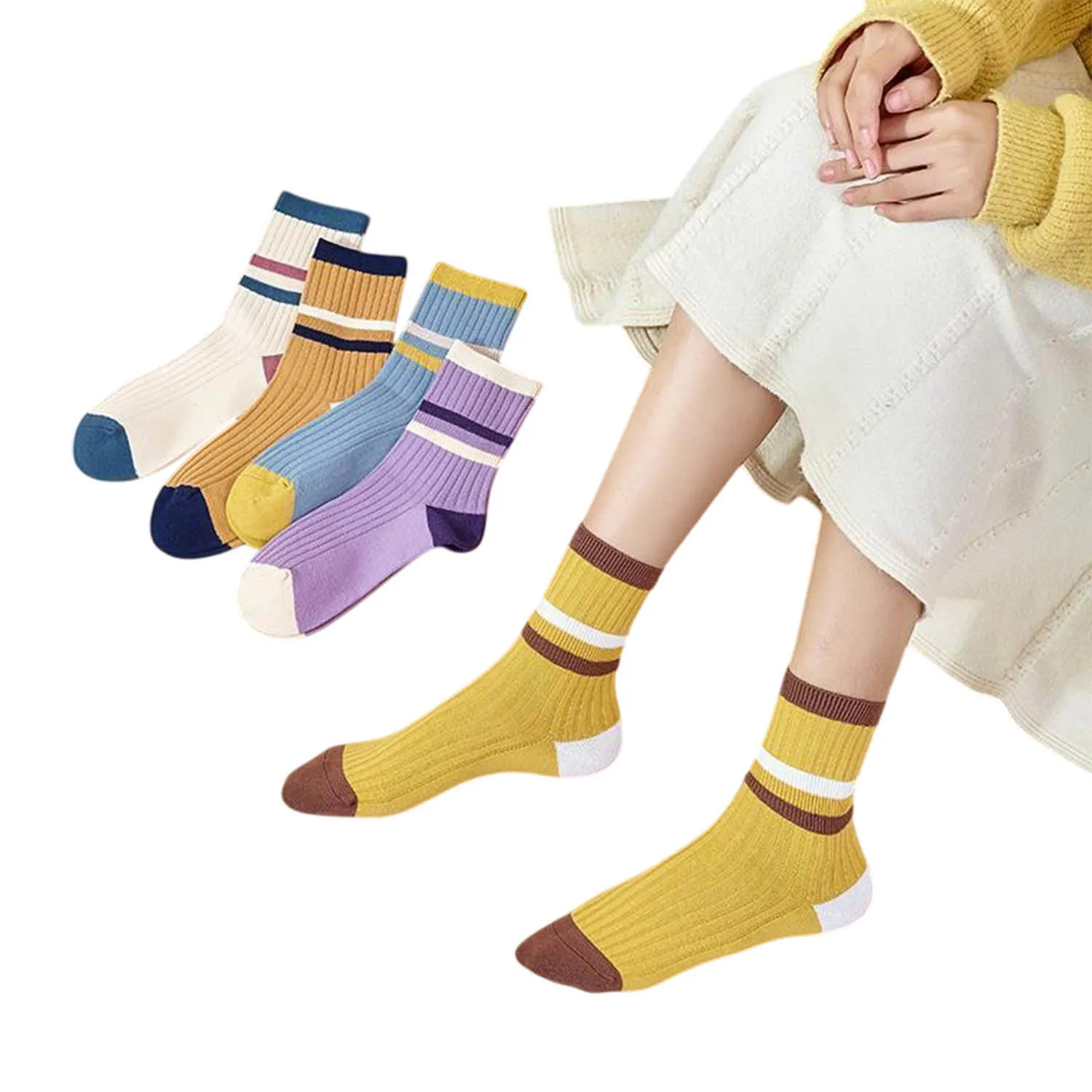 

Women's New Mid Length Anti Odor, Sweat Absorbing, Color Blocked, Versatile Striped Long Socks 5 Pairs