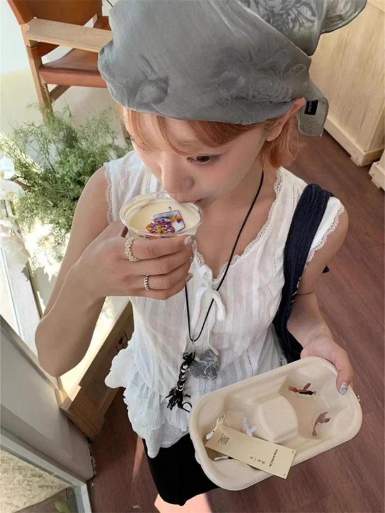 Verão doce rendas retalhos solto colete feminino grunge bonito sem mangas y2k estética topos harajuku bandagem arco tanque topo vintage