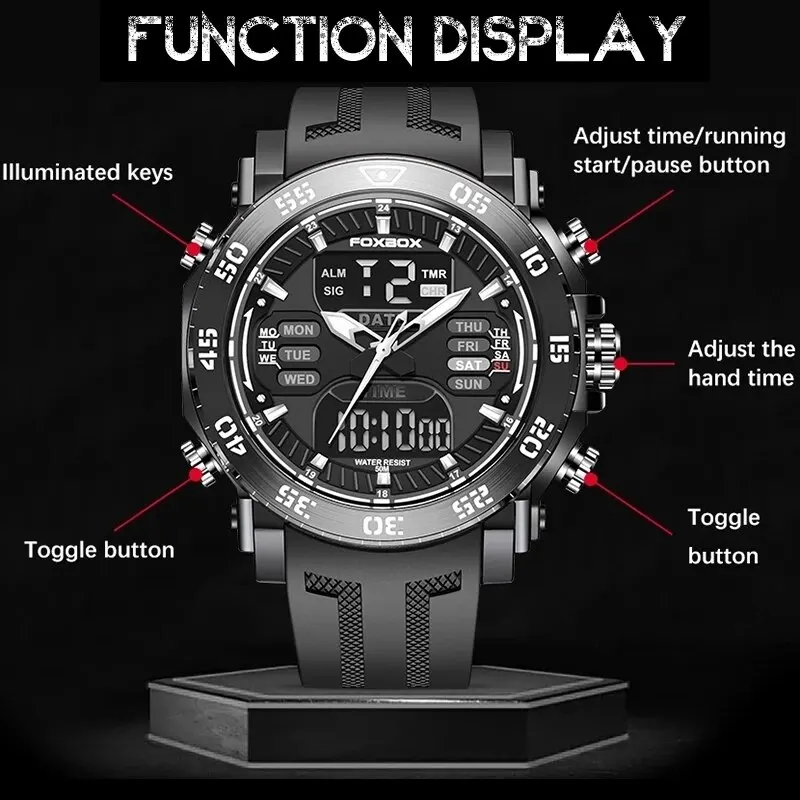 FOXBOX Digital Men Military Watch 50m Waterproof Wristwatch LED Quartz Clock Sport Watch Male Big Watch Men Relogios Masculino