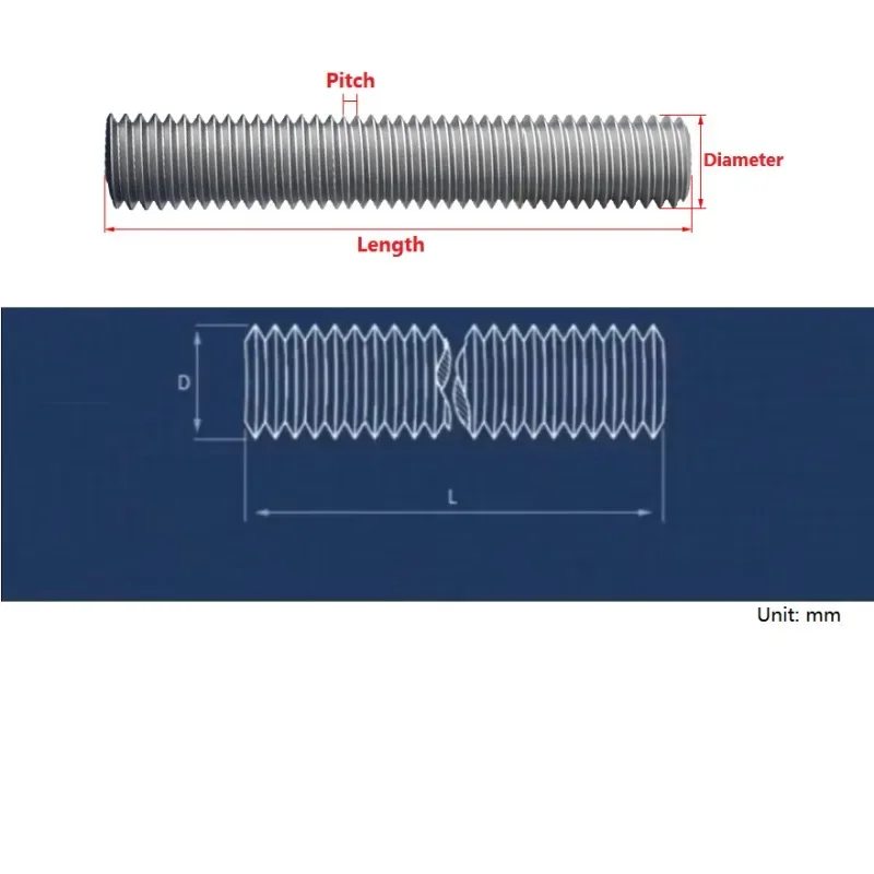 304 Stainless Steel Left Hand Thread Fully Threaded Rods Bar Stud M4 M5 M6 M8 M10 M12 M14 M16 M18 M20 M22 M24 Length 250mm