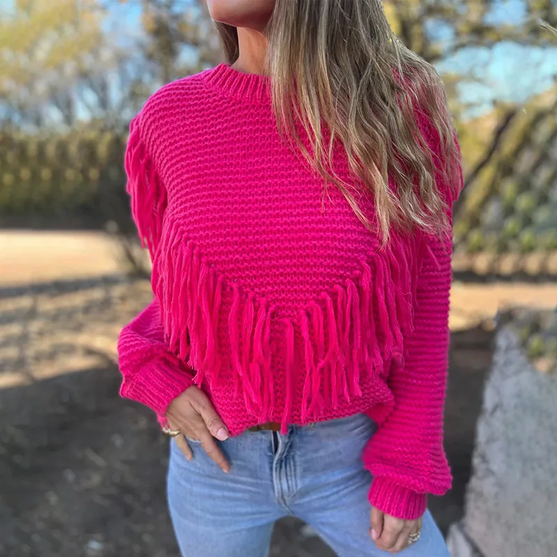 Women Pink Knitted Sweater Tops Cashmere Knit Tassel Jumper Pullovers Long Sleeve Loose Sweaters Y2K Aesthetics Retro Sweater