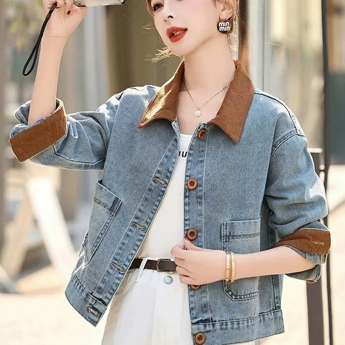 Retro Short Spliced Denim Jacket New Contrasting Color Small Jacket Popular Top