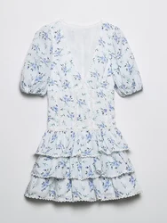 YENKYE New Women Fashion Lace Embroidery Trims Floral Print Dress Vintage Puff Sleeve Female Sweet Layered Ruffle Mini Dresses