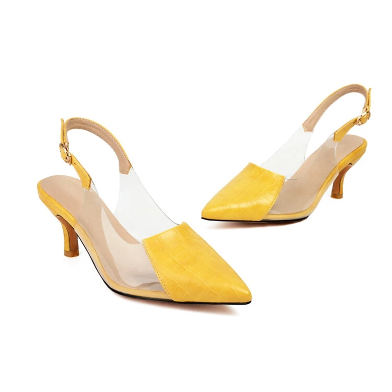 

SIMLOVEYO Women Pumps Pointed Toe 6.5cm Small Heel Buckle Print Office Big Size 46 47 48 Black Yellow